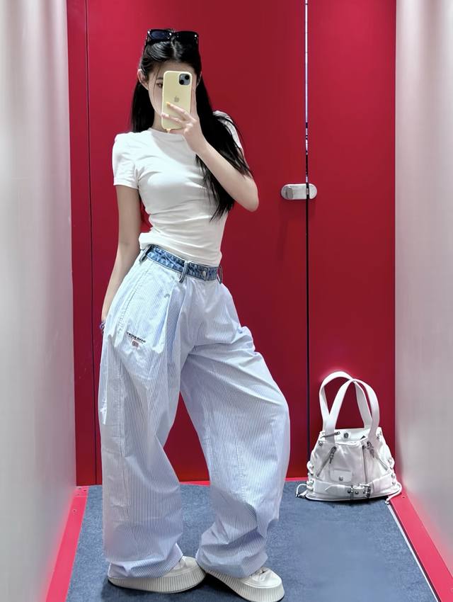 New! Latest Aw 25New denim waistband stitching striped pants Size: Sml