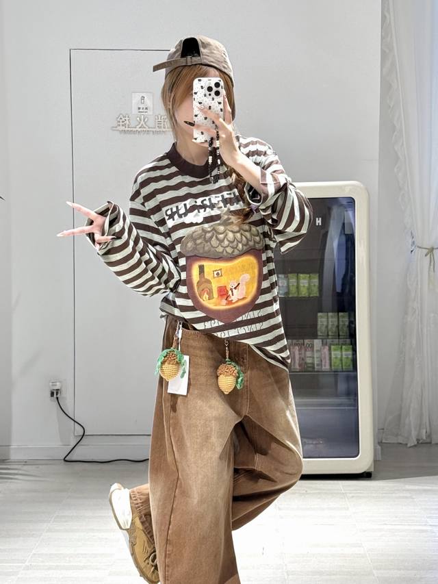 Cheeri Up*25Fw Early Fall New Squirrel's Acorn House Loose Striped Long-Sleeve T