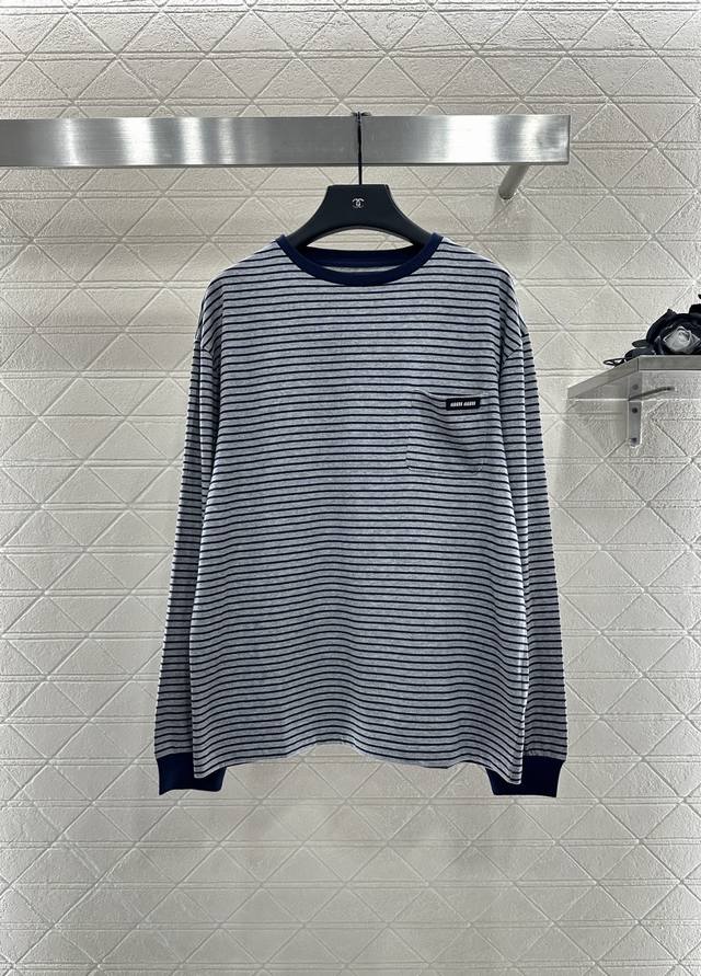 Miumi* 2025 New Arrivals Contrast Striped Long-Sleeved Top Custom Yb twill cotto