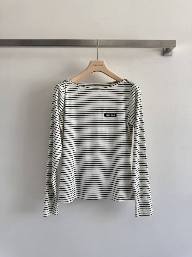 Miumi* 25Fw New long-sleeved striped bottoming shirt, with a letter logo on the