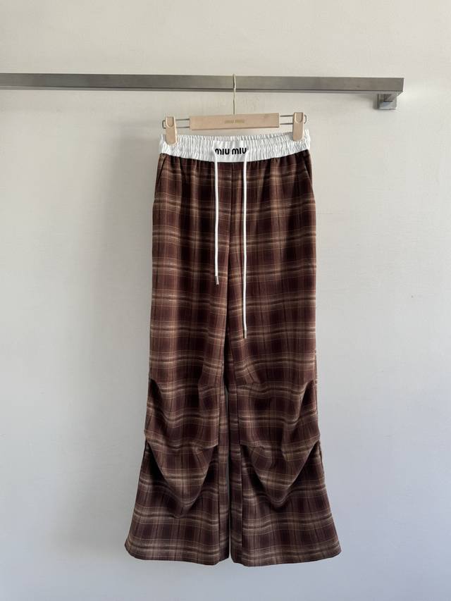 Miumi* 25Fw New elastic waist plaid wide-leg trousers with unique pleated design