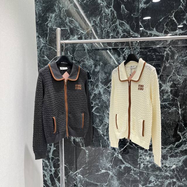 Miu's new fall/winter 25 zippered, contrasting lapel knitted cardigan. The all-o