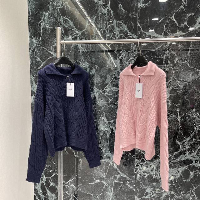 Ce 25 New Early Fall Lapel Cable Knit Sweater. Heavyweight cable knit weave with