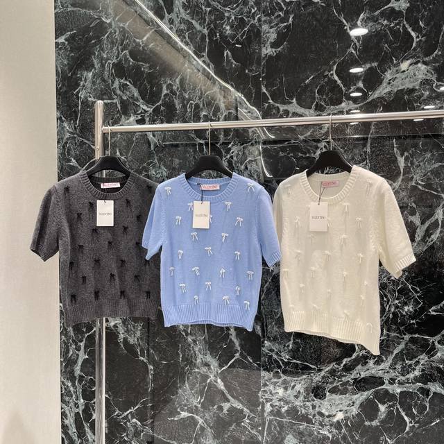 Val Warren 25 early autumn new bow knit short-sleeved ready-to-wear with beads f