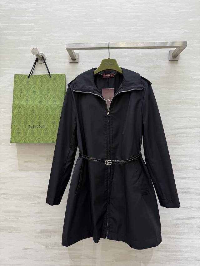 Gucc2 Early Autumn New Black Lapel Jacket with Belt for Slimming Waist High Qual