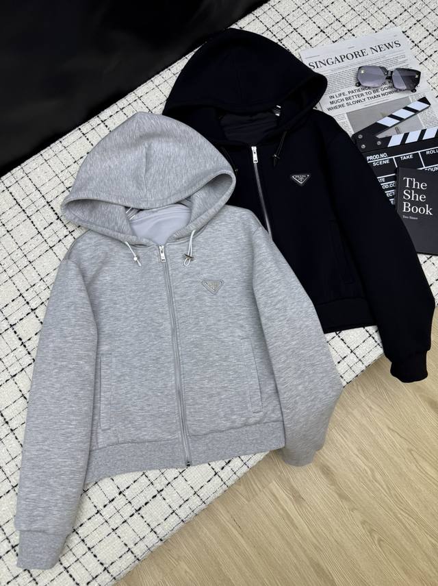 prad*25 New autumn and winter classic triangle logo hooded jacket with light gra