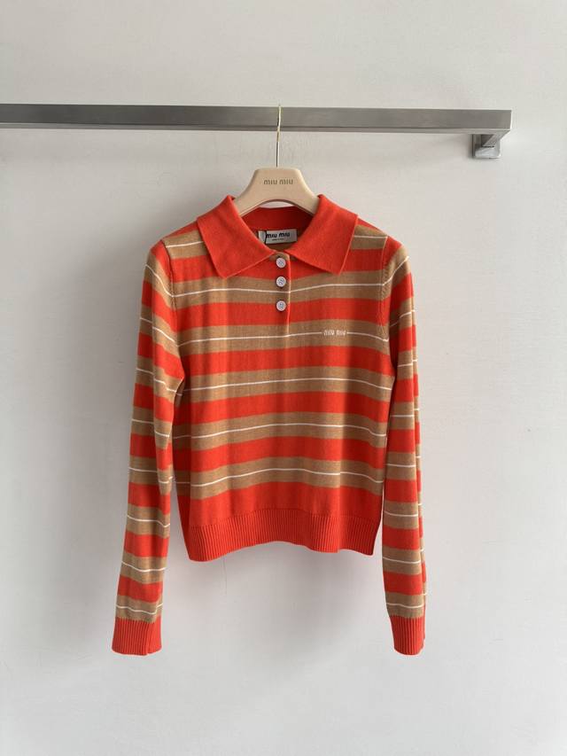 Miumi*25Fw new polo collar sweater, lapel striped design with chest logo letter