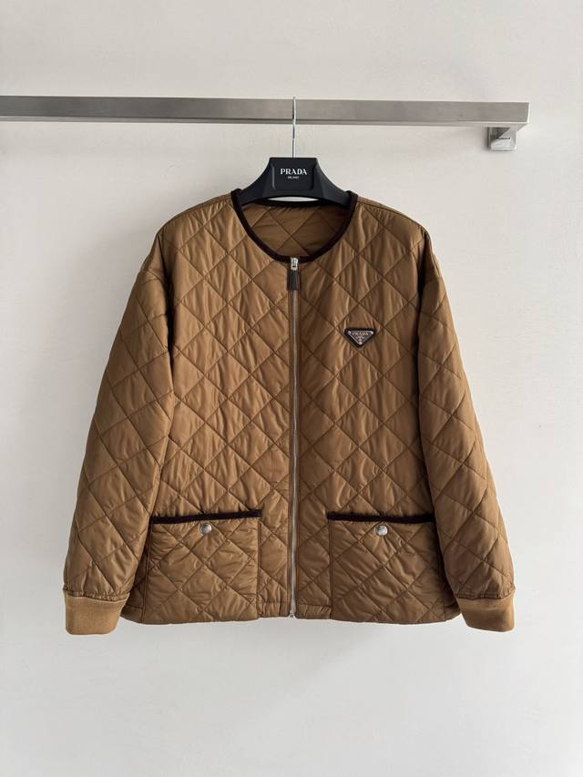 prad* 25Fw new autumn and winter diamond pattern round neck cotton jacket. The d