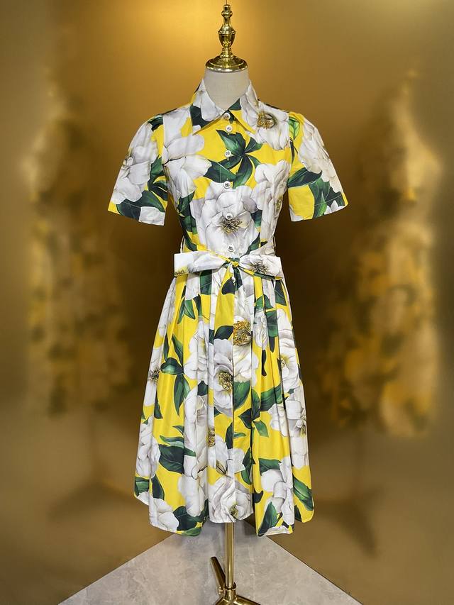 Dg Yellow Gardenia Cotton Short Sleeve Swing Shirt Dress Smlxlxxl