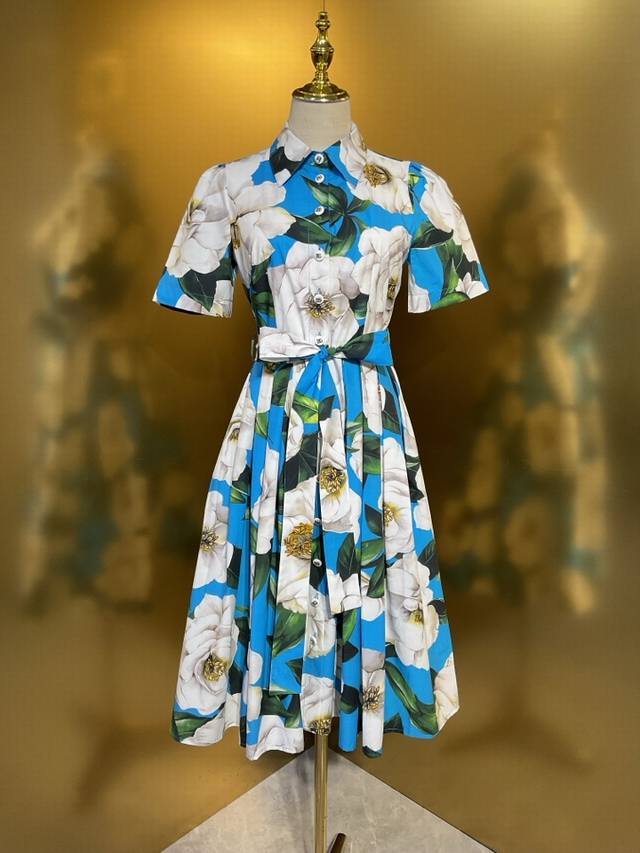 Dg Blue Gardenia Cotton Short Sleeve Swing Shirt Dress Smlxlxxl