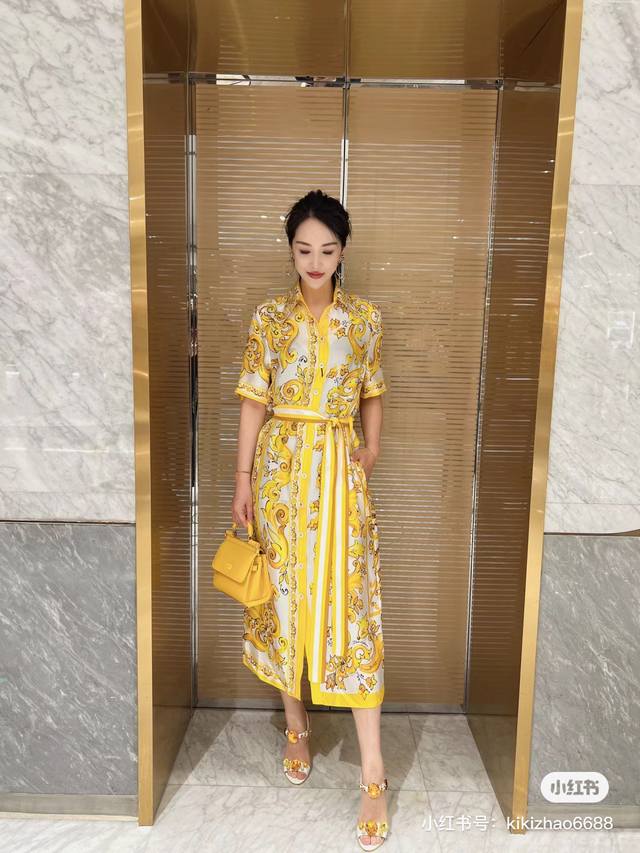 Dg New Yellow Porcelain Cotton Waist Large Swing Custom Button Shirt Dress Smlxl