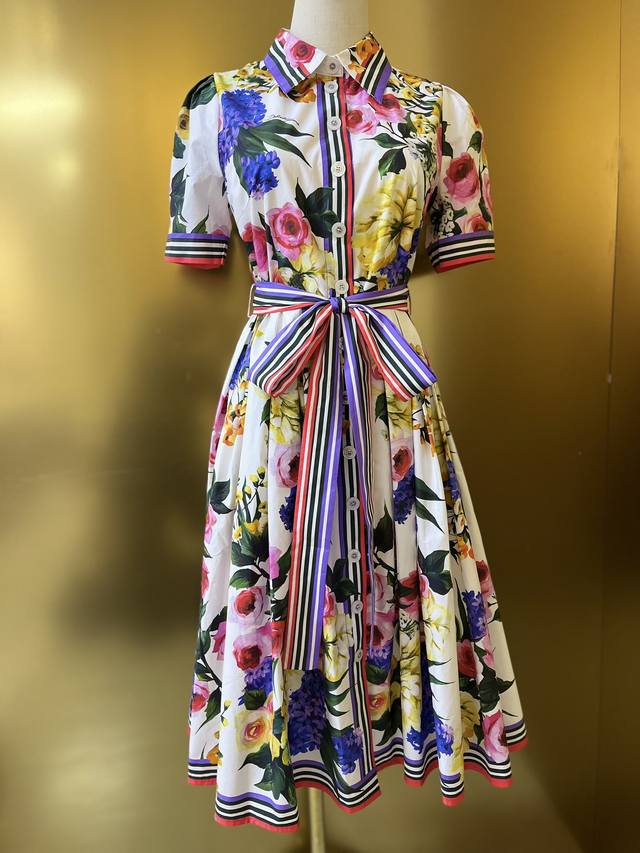 White rose cotton waist wide swing shirt dress Smlxlxxl