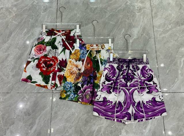 Dg Purple pottery glaze cotton silk printed elastic waistband fashion shorts Sml