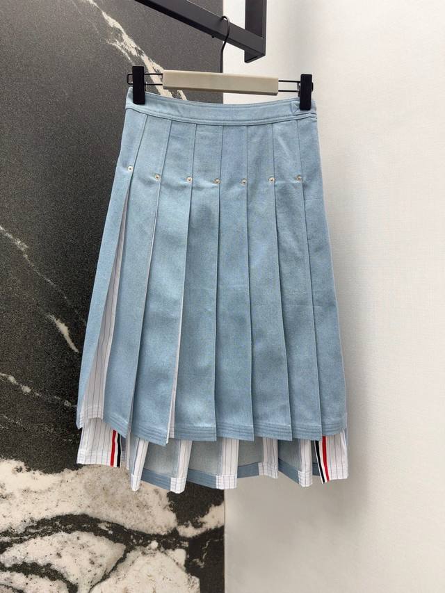 Tb 25Ss Early Fall new arrival, preppy style, twill denim, striped, pleated midi
