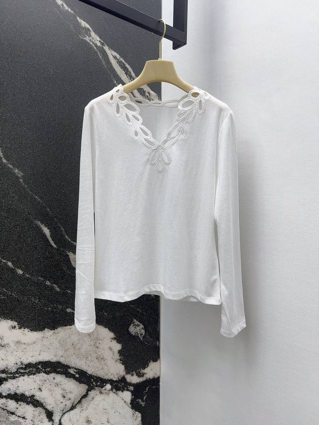 Vltn 25Ss New Autumn and Winter Hollow Embroidery V-Neck Long Sleeve Base Shirt