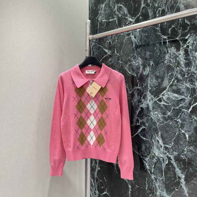 Miu 25 autumn and winter new diamond half-placket knitted sweater, preppy style