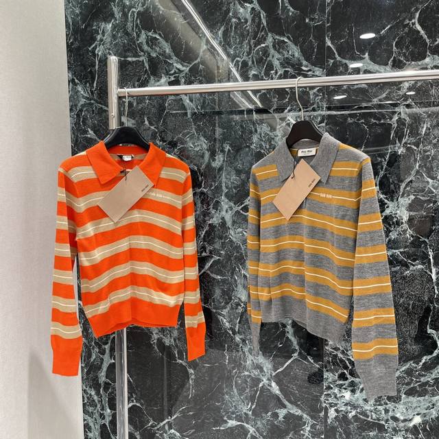 Miu 25 early autumn new striped lapel knitted long sleeves half-button design la