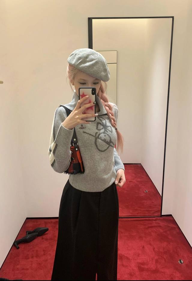 Saturn 25 early autumn new navy collar contrasting knit sweater low-key gray wit