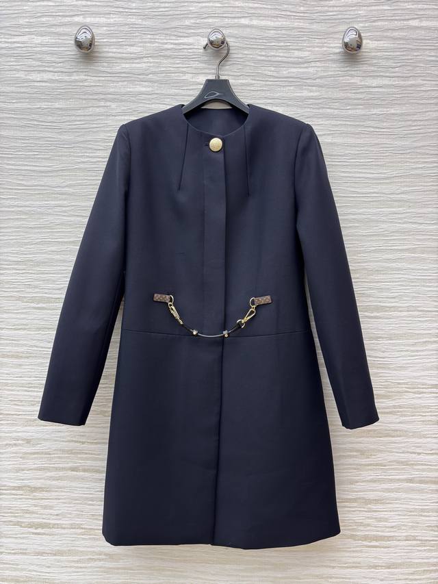 L's 25th autumn old-fashioned navy blue mid-length coat with old-fashioned leath