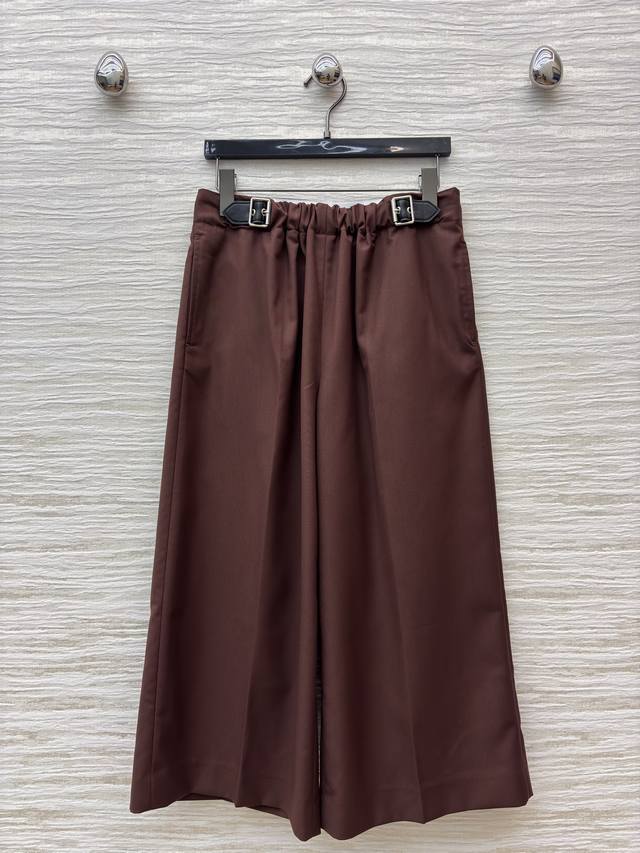 Lw's 25 new leather buckle elastic pleated high waist straight nine-point pants.