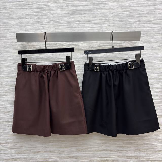 Lw 's 25 new leather buckle elastic pleated high waist skirt elastic high waist