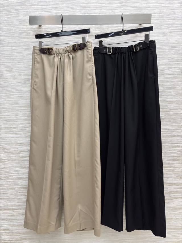 Lw's 25 new leather buckle elastic pleated high waist straight wide leg pants. T