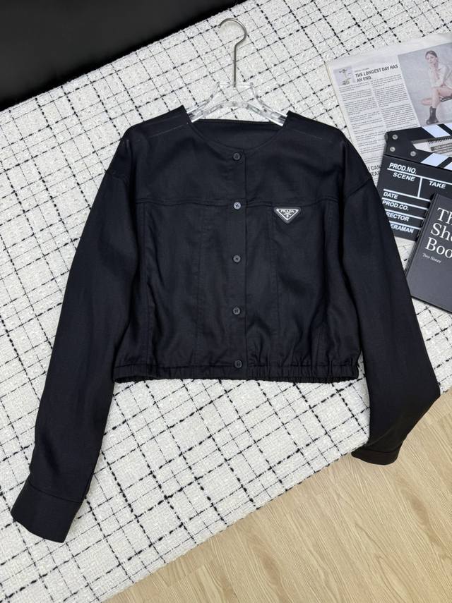Simple and elegant prad*25 new round neck design thin linen jacket clean and sim