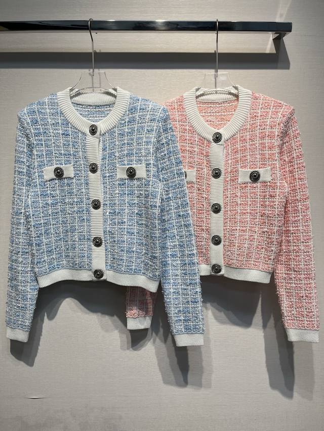 2025 Autumn and Winter New Contrast Silver Button Tweed Cardigan Jacket Size: S-