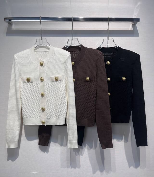 2025 Autumn and Winter New Gold Button Jacquard Round Neck Wool Cardigan Jacket