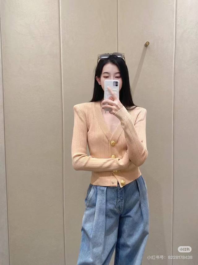 Balmai* Balmai's new custom-made V-neck knitted cardigan with gold buttons and h