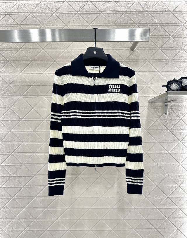 Miumi*2025 New Arrivals Lapel Knitted Striped Cardigan Custom Yb wool yarn weavi