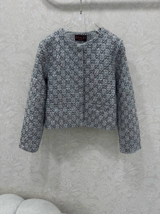 Gucc*25 New rhinestone jacket, custom-made in tweed jacquard with a premium gray