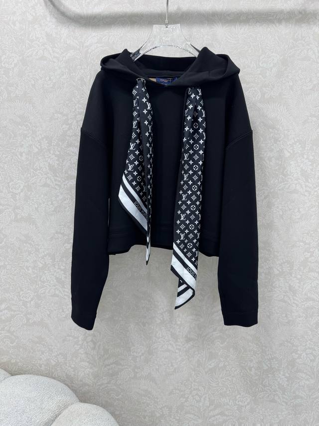 A real shot of the new Louis Vuitt*N25 Monogram scarf-style hooded sweatshirt in