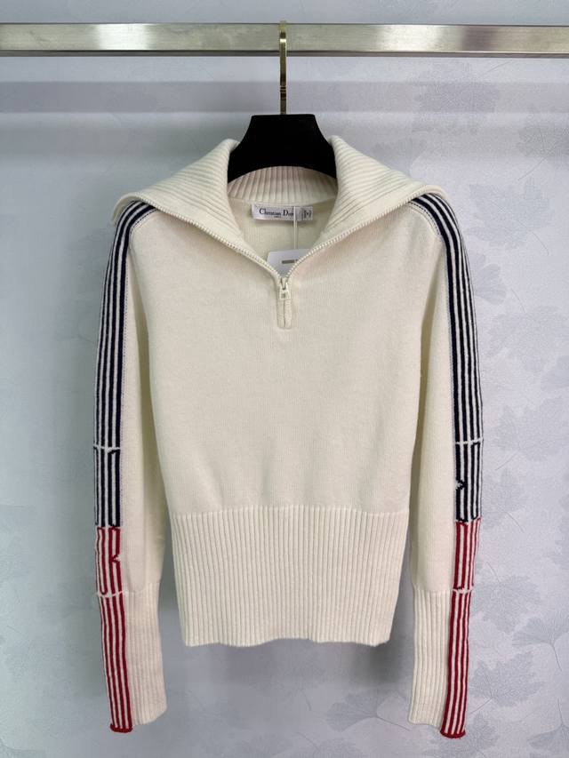 Dio*25 New fall/winter white knitted half-zip sweater with black sleeve stripes
