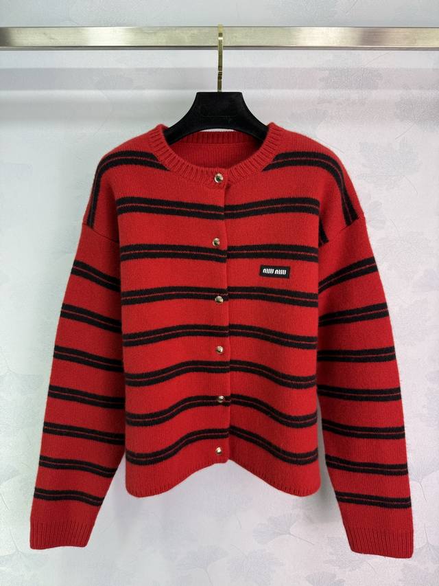 Miumi*25 Early Autumn new knitted round neck cardigan classic color stripe patch