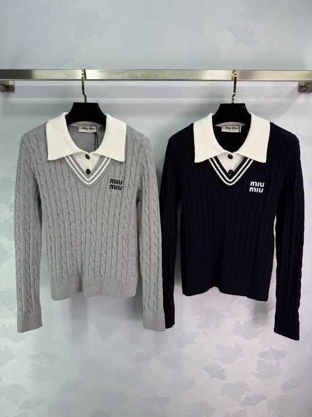 Miu*25 new fall/winter classic two-piece sweater with white lapel and cable knit