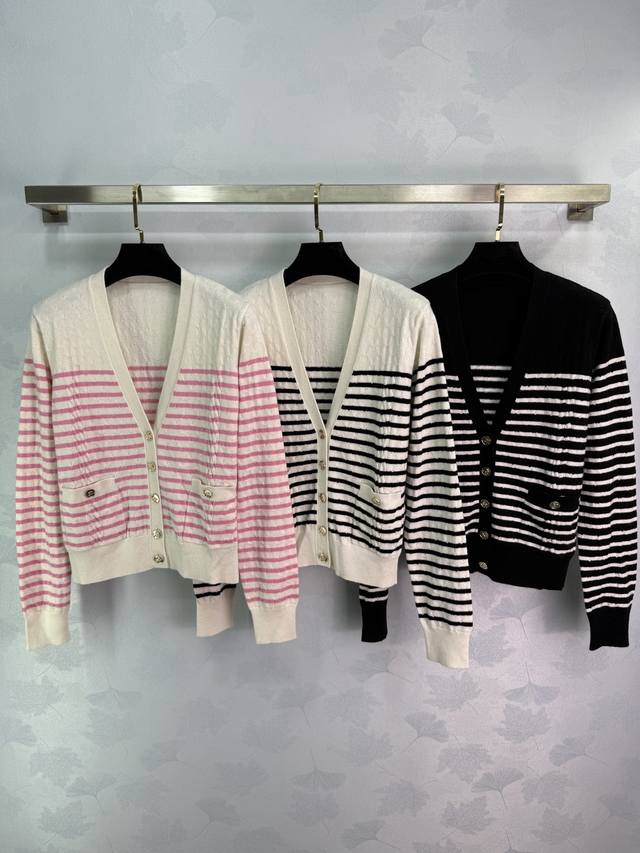 Chane*2025 Fall/Winter new striped woven V-neck cardigan. Custom-woven Yb cashme