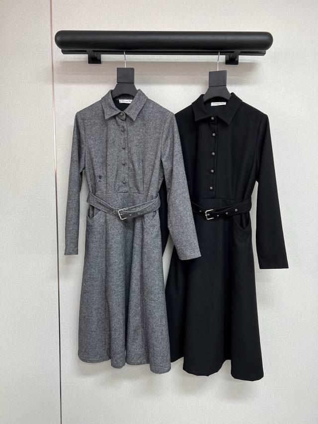 High-quality Dio*2025 autumn and winter new wool dress with a fabric belt. Bee