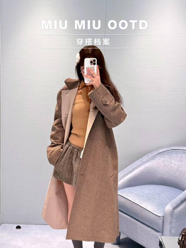 Miumi* 25Fw New Fall/Winter Reversible Single-Breasted Twill Houndstooth Long Tr