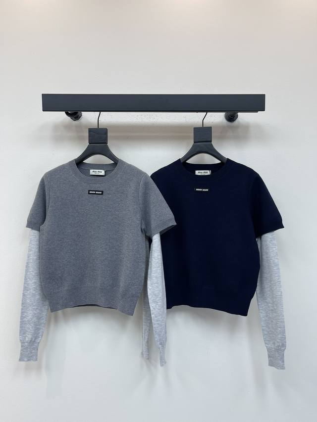 Miumi*25 Early Autumn new color matching fake two-piece knit sweater Custom wool