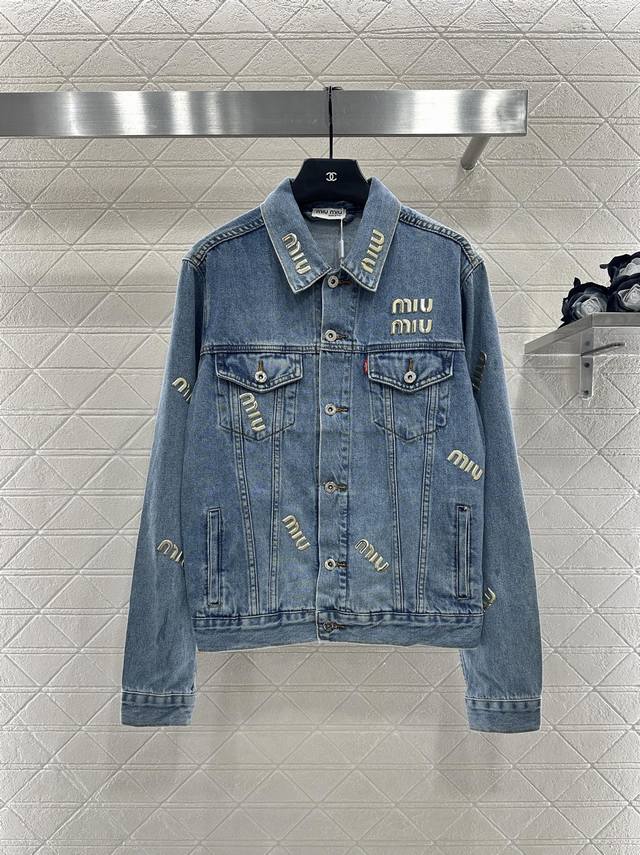 Miumi* 2025 New Arrivals Slim-Fit Logo Denim Jacket Custom Yb twill cotton denim