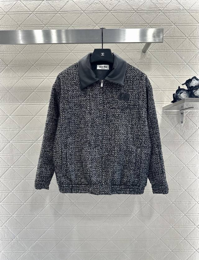 Miumi*2025 New Arrivals Leather Lapel Jacket Custom Yb imported cotton and wool