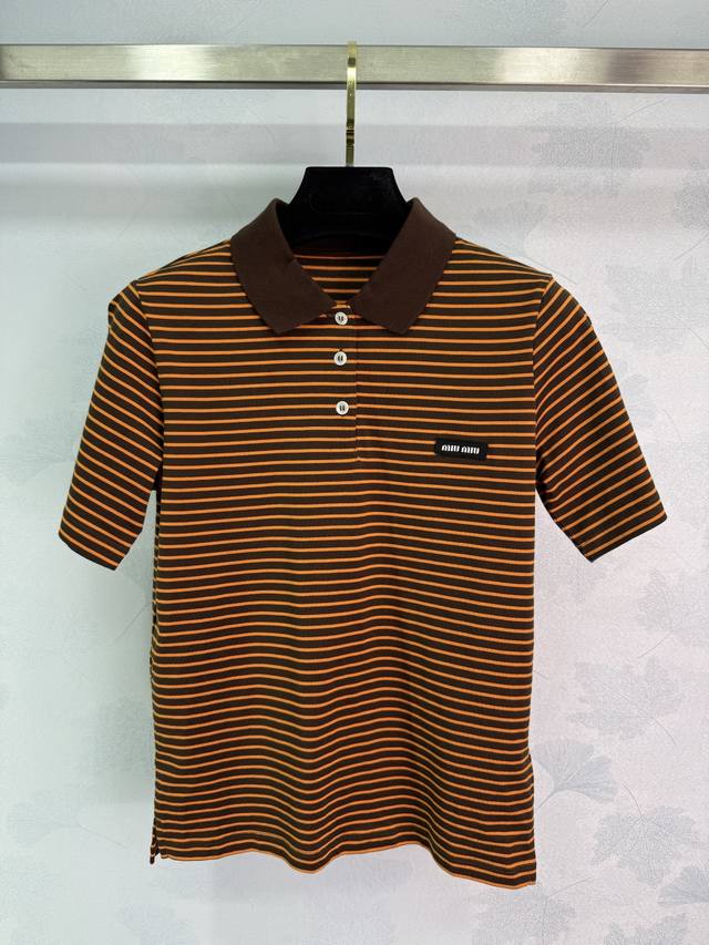 Miumi*2025 Early Fall new striped short-sleeved custom-made YB combed cotton. Ma