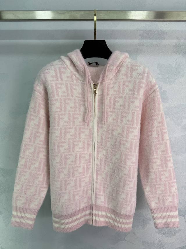 Fend*25 new autumn and winter hooded zipper cardigan classic pink Ff jacquard mi