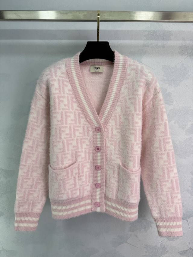 Fend*25 new autumn and winter V-neck cardigan classic pink Ff jacquard mink fur