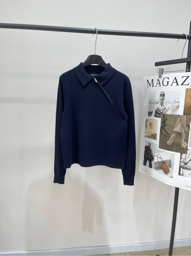 M navy blue oblique zipper polo long-sleeved sweater . Fabric: cashmere blend C