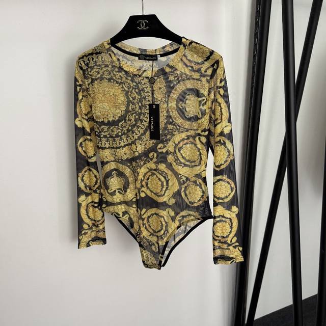 Style No. 20255868 Versac* New Retro Crown Print Long Sleeve Mesh Bodysuit, Gol