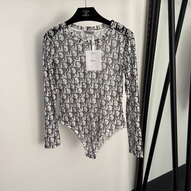 Style No. 20255869 Dio* new D brand monogram print long-sleeved mesh bodysuit,