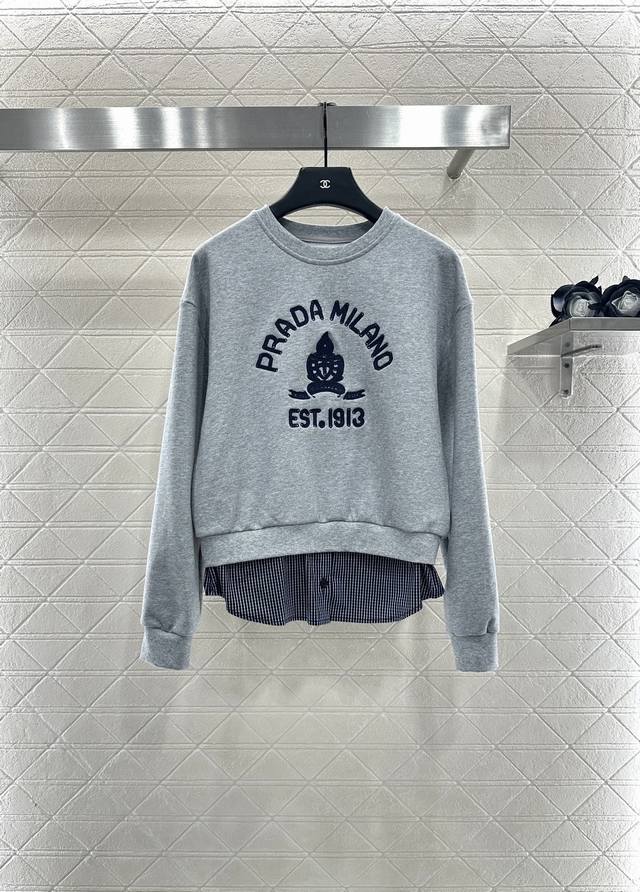 prad*2025 New Arrivals Spliced Plaid Sweatshirt and Trousers Set Custom Yb twill