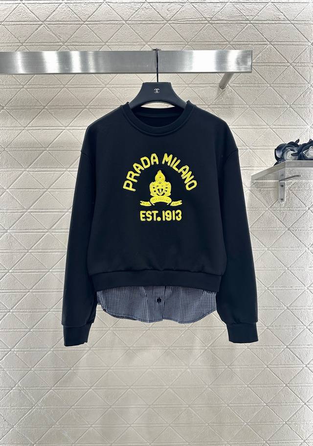 prad*2025 New Arrivals Spliced Plaid Sweatshirt and Trousers Set Custom Yb twill